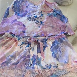 In Bloom Floral Satin Pajama Set with Lace Trim